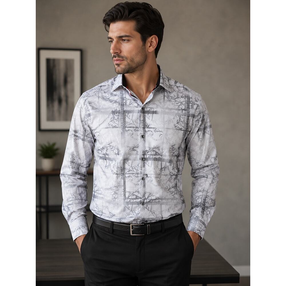 American Breed Smart Shirt Mens Medium Gray Print Button Up Dress Shirt